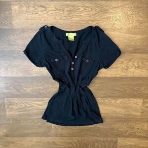 Vintage Y2K Twee Style Womens Double Pocket Henley Button Black T Shirt Blouse L